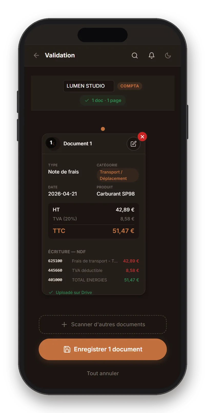 App ScanBuddy : une note de frais carburant scannée, avec l'écriture comptable générée automatiquement